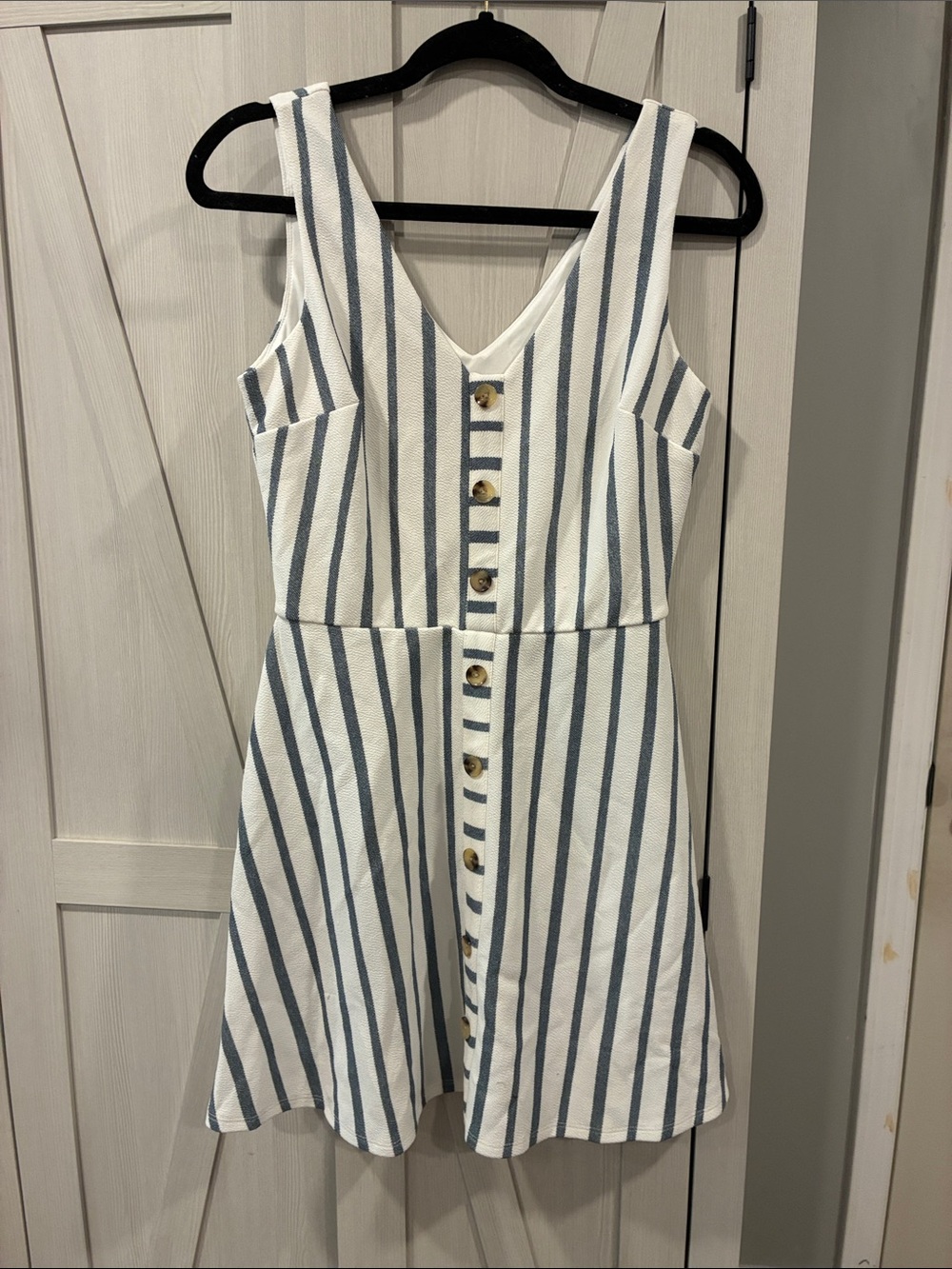 Iz Byer White and Blue Striped Midi Dress